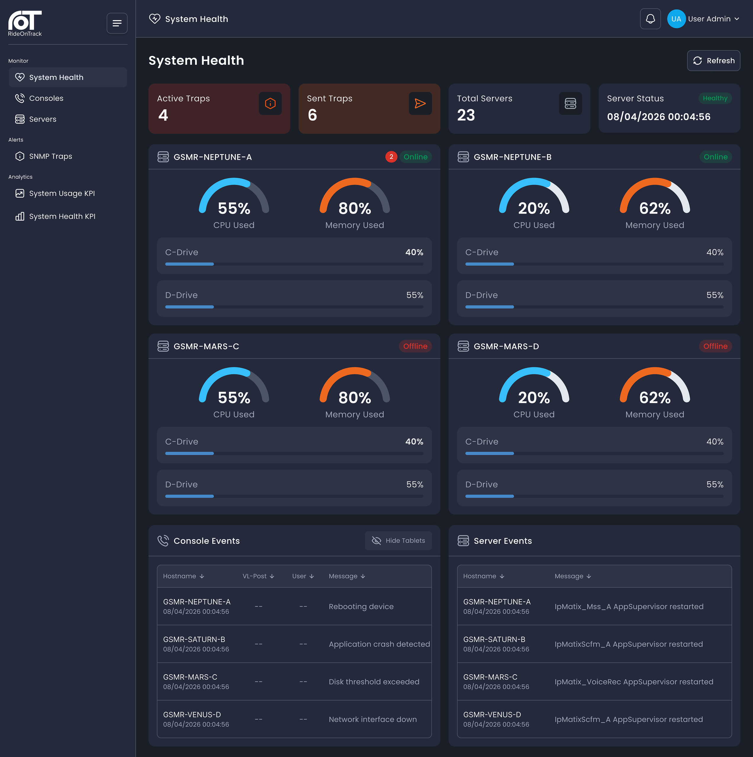 VisionX System Health dashboard in dark mode