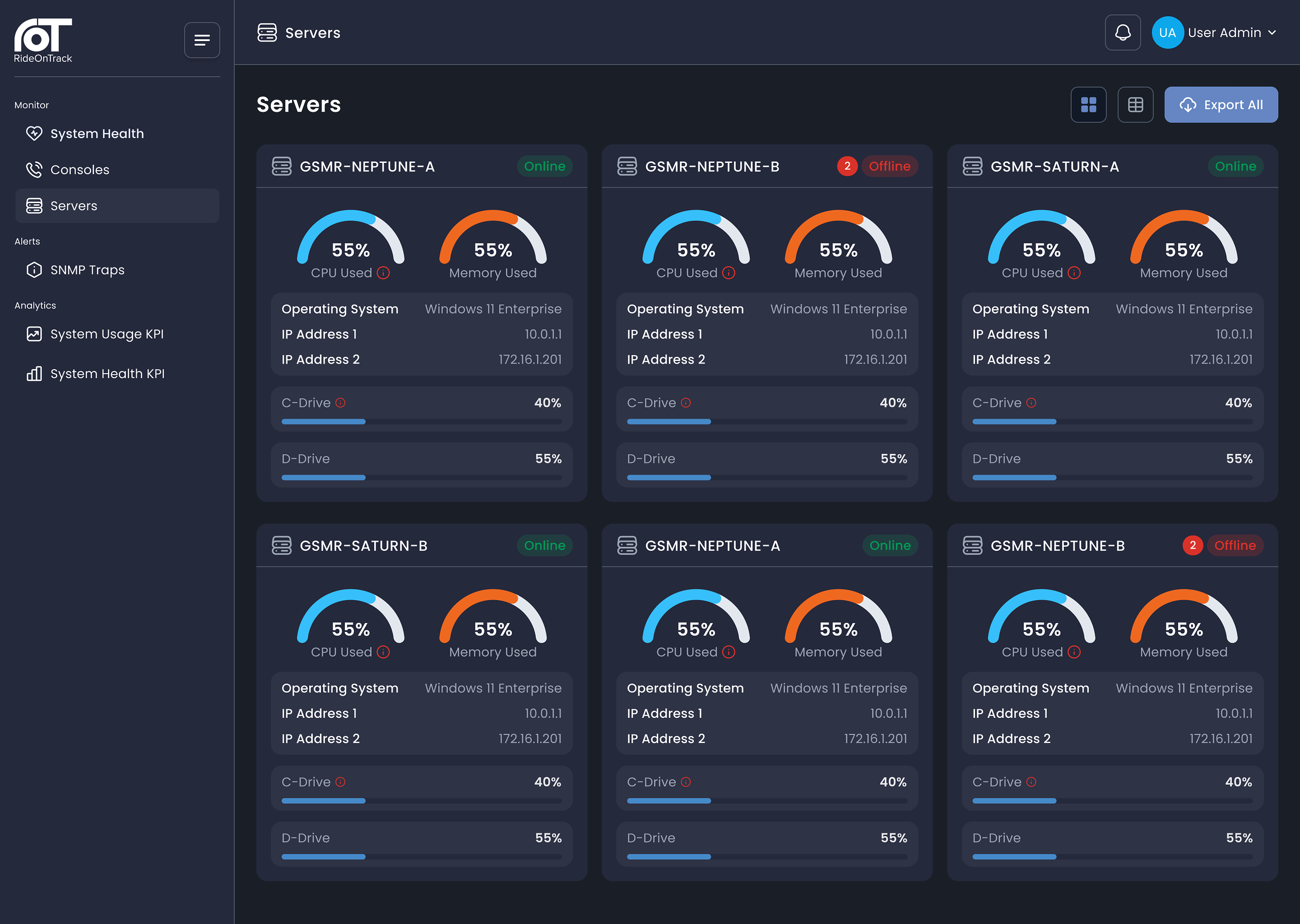 VisionX server cards in dark mode
