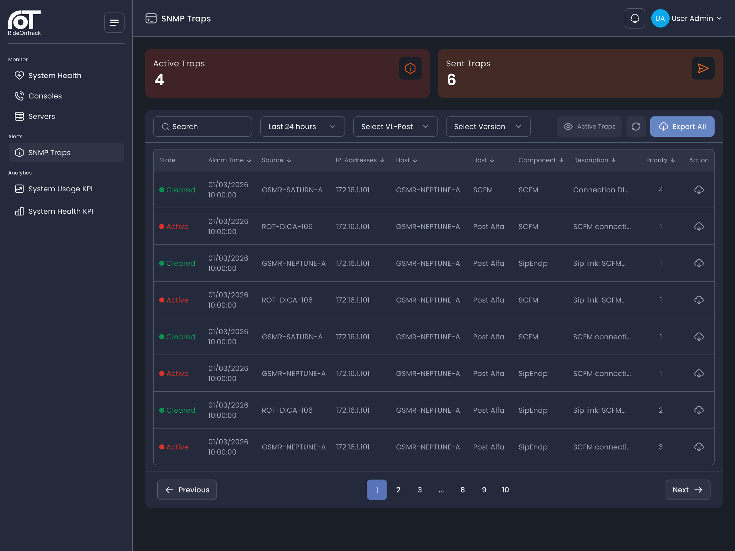 VisionX SNMP trap list in dark mode